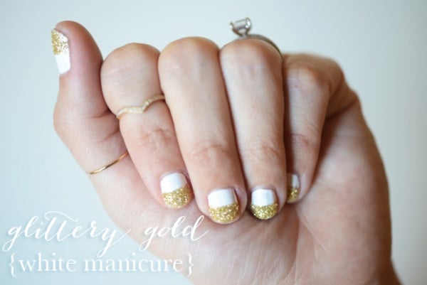 Glittery Gold White Manicure